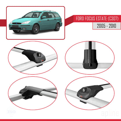 Kompatibel mit Ford Focus 2 (C307) Kombi 2005-2010 ACE-1 Dachgepäckträger, Reling, Gepäckträger, graues Aluminium, 3 Stangen