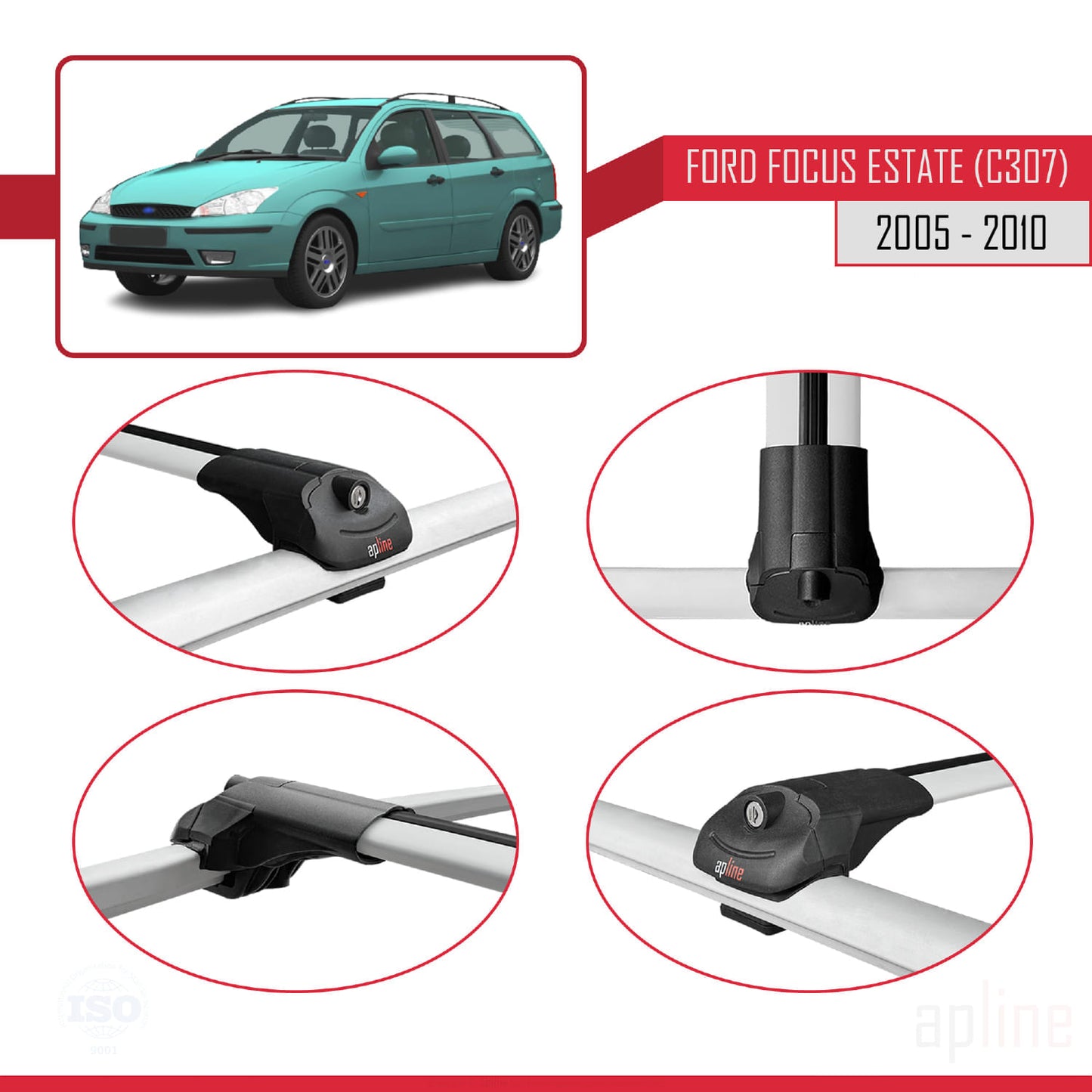 Kompatibel mit Ford Focus 2 (C307) Kombi 2005-2010 ACE-1 Dachgepäckträger, graues Aluminium, 2 Stangen