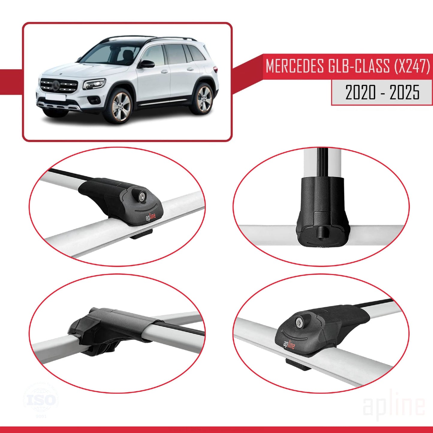 Compatible with Mercedes GLB Class (X247) 2020-2025 ACE-1 Car Roof Rack Cross Bar Grey Aluminium 3 Bars
