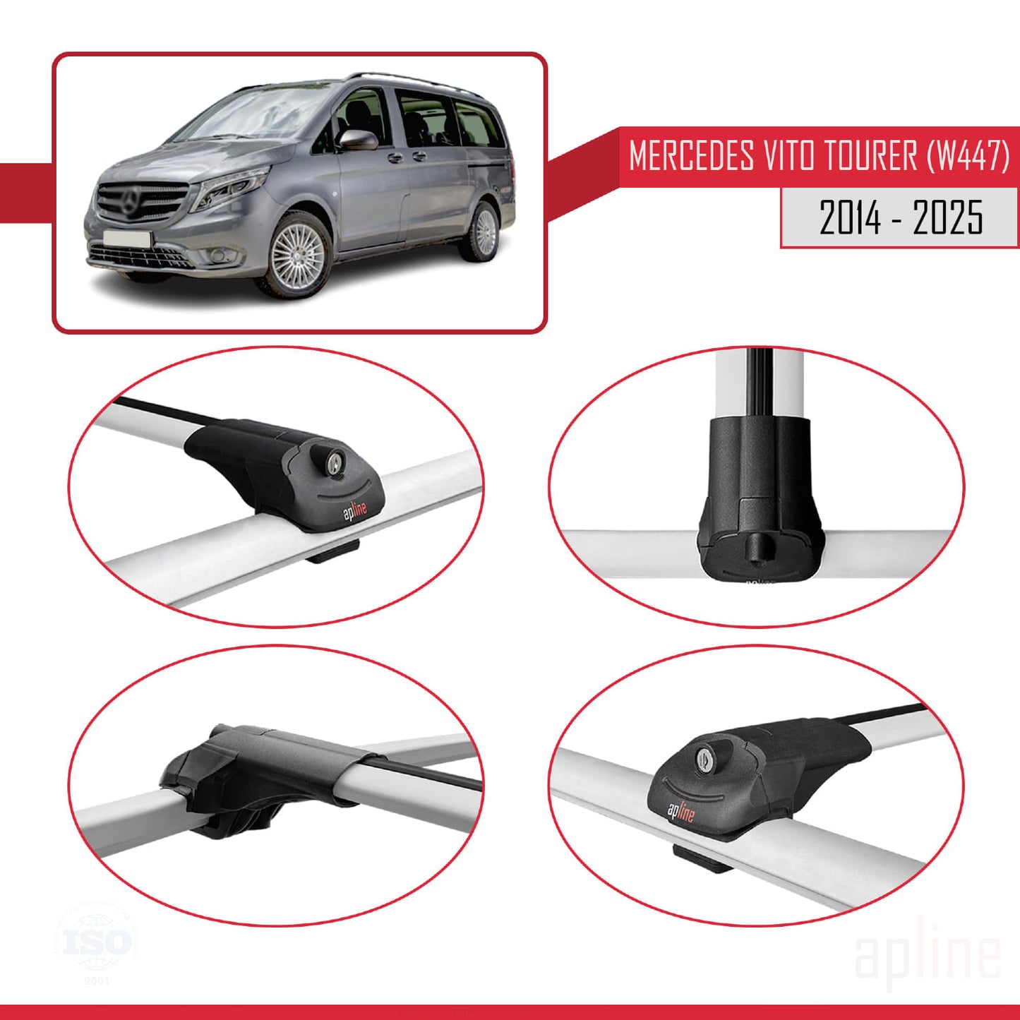 Compatible avec Mercedes Vito Tourer (W447) 2014-2025 ACE-1 Barres de Toit Railing Porte-Bagages de Voiture Gris Aluminium 2 Barres