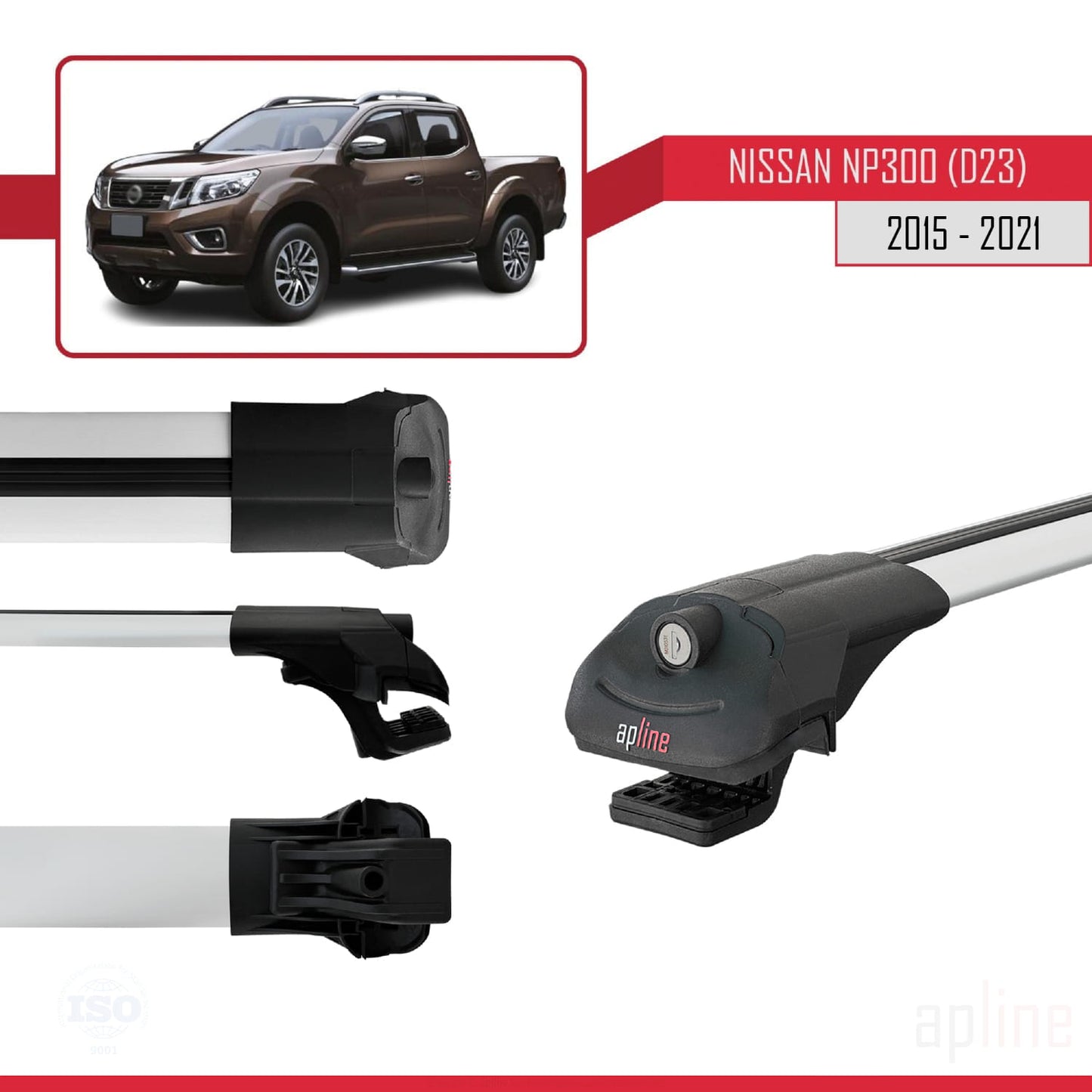 Compatible with Nissan NP300 (D23) 2015-2021 ACE-1 Car Roof Rack Cross Bar Grey Aluminium 2 Bars