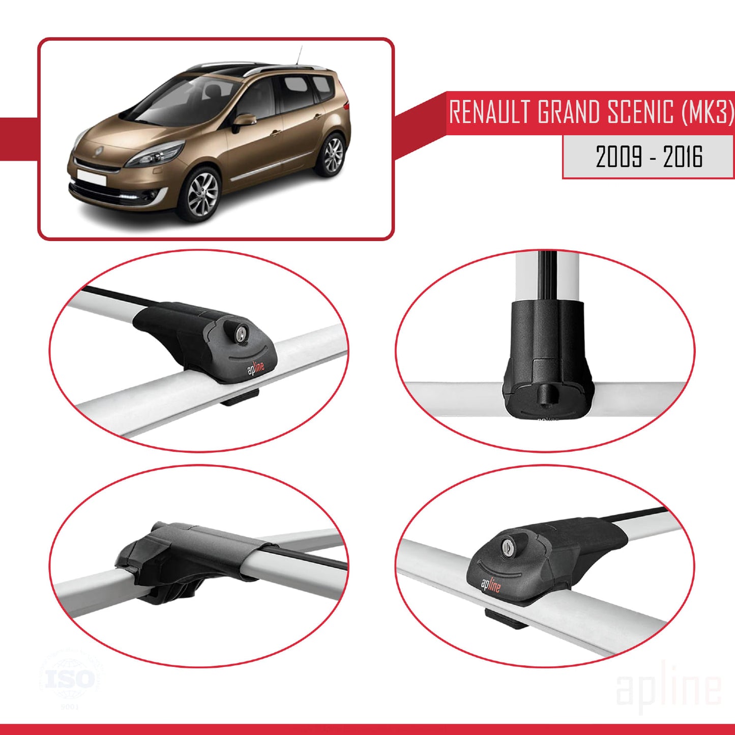 Compatible avec Renault Grand Scenic 3 2009-2016 ACE-1 Barres de Toit Railing Porte-Bagages de Voiture Gris Aluminium 2 Barres