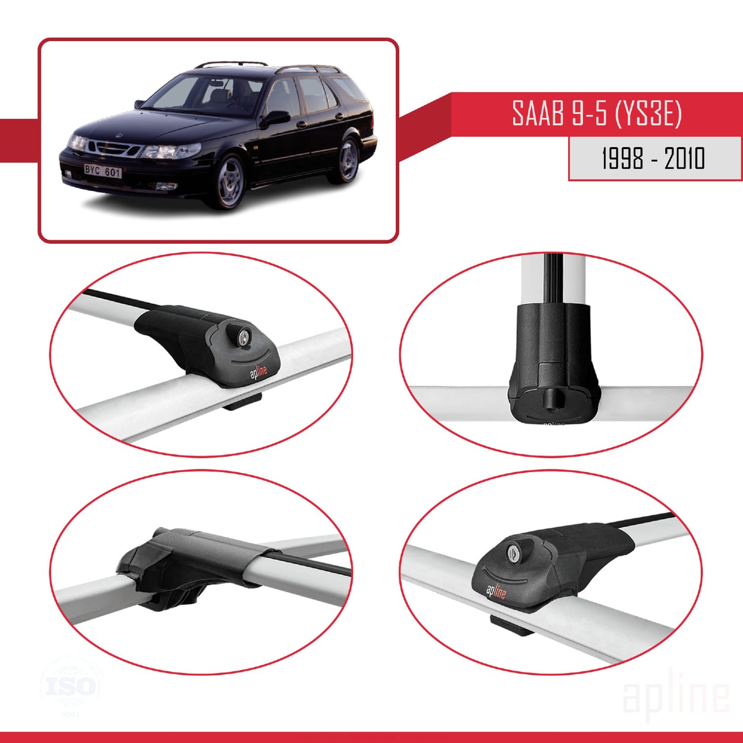 Kompatibel mit Saab 9-5 (YS3E) Combi 1998-2010 ACE-1 Relingträger Dachträger Auto Gepäckträger Grau Aluminium 3 Stangen
