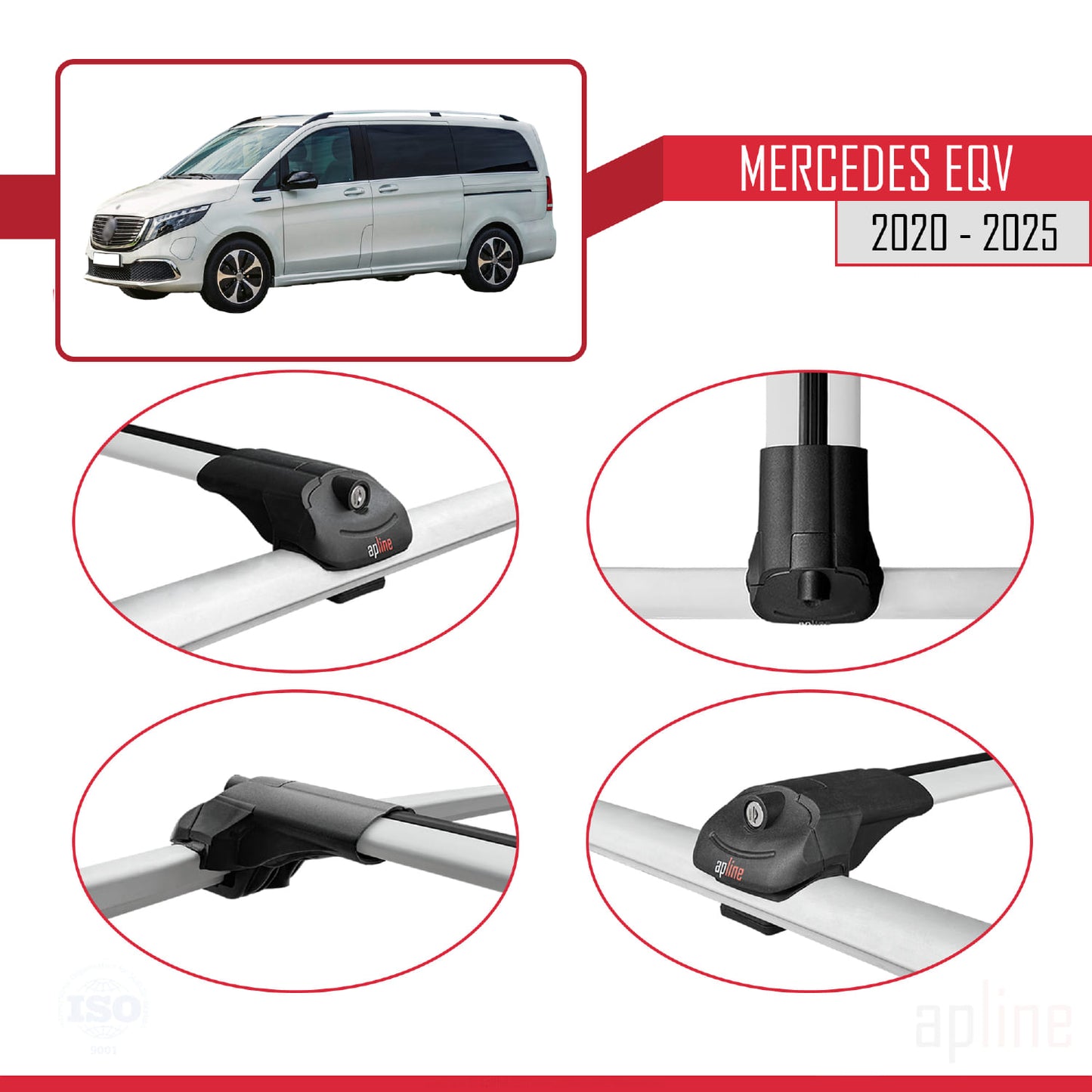 Compatible avec Mercedes EQV (W447) 2020-2025 ACE-1 Barres de Toit Railing Porte-Bagages de Voiture Gris Aluminium 4 Barres