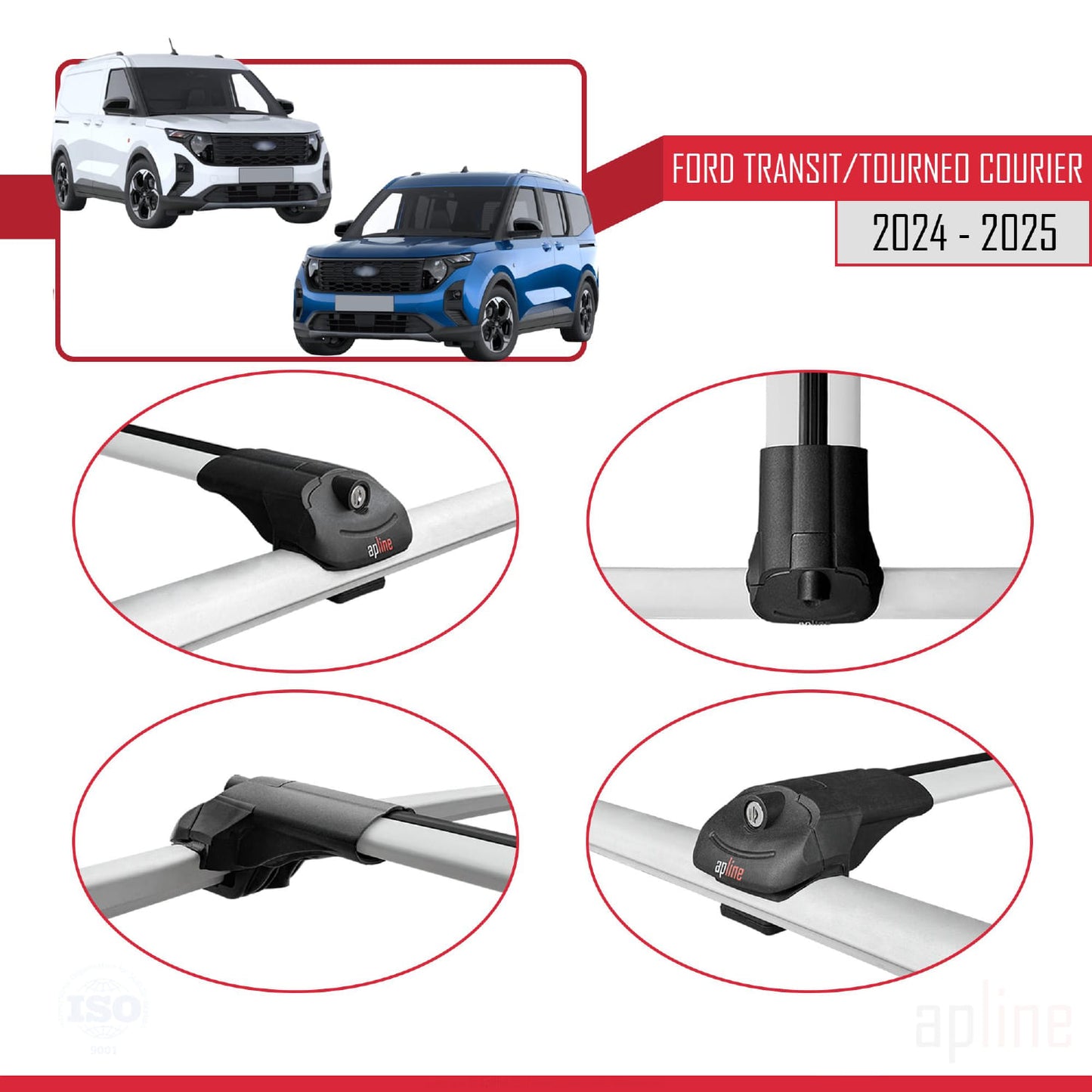 Kompatibel mit Ford Transit / Tourneo Courier 2024-2025 ACE-1 Dachgepäckträger, Reling, Gepäckträger, graues Aluminium, 3 Stangen