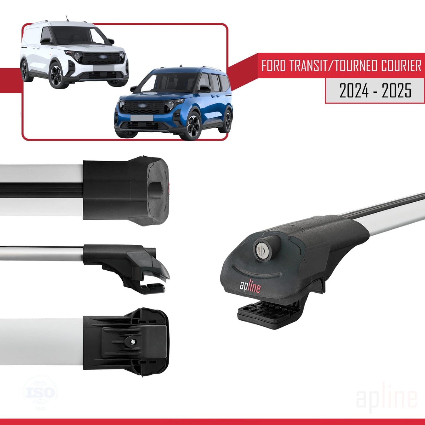 Kompatibel mit Ford Transit / Tourneo Courier 2024-2025 ACE-1 Cross Bar Car Top Luggage Carrier Rails Roof Racks Grau Aluminium 4 Stangen
