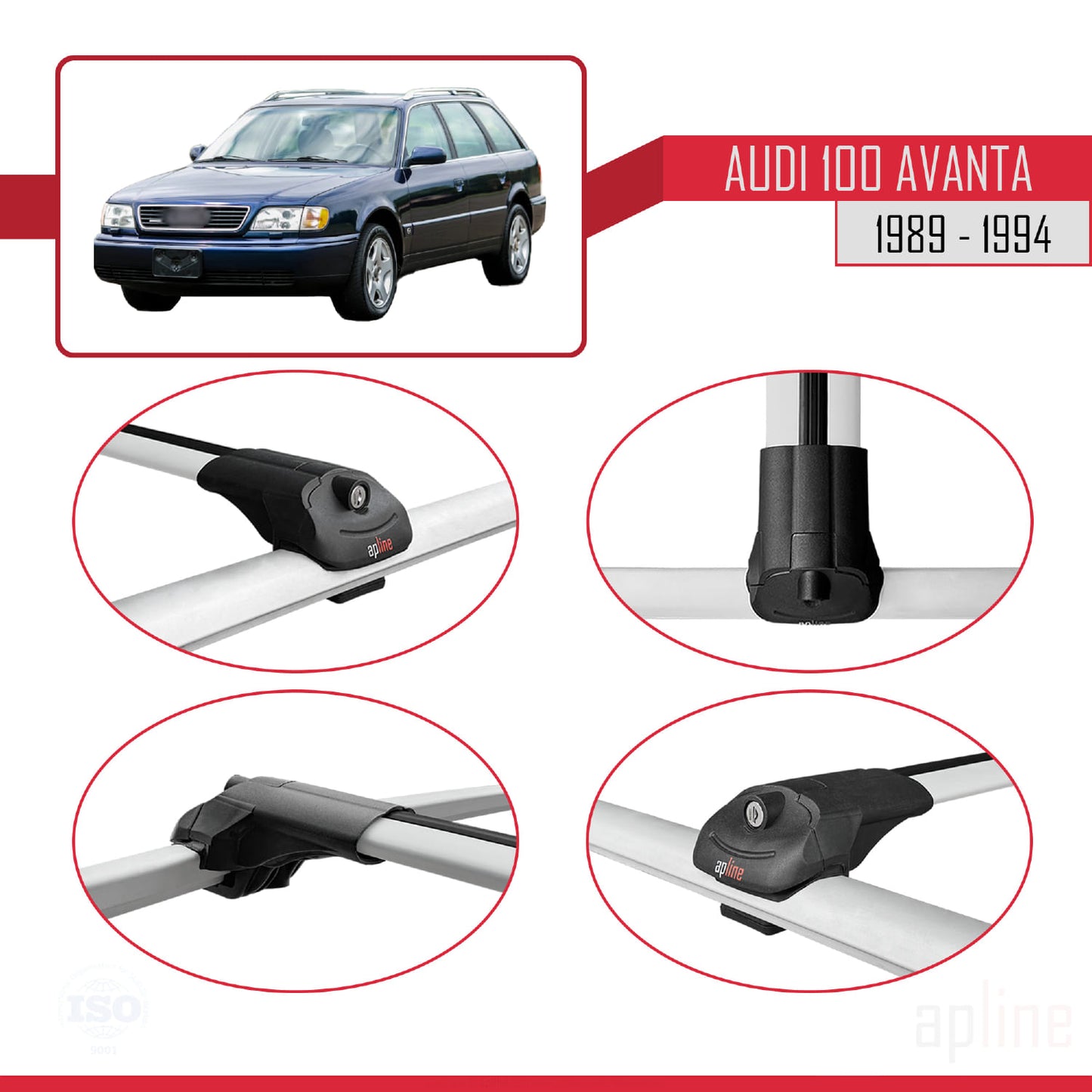 Kompatibel mit Audi 100 Avanta 1989-1994 ACE-1 Dachgepäckträger, Reling, Gepäckträger, graues Aluminium, 3 Stangen