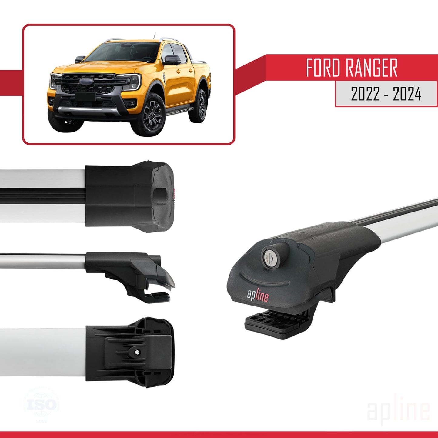 Compatible with Ford Ranger (P703) 2022-2024 ACE-1 Car Roof Rack Cross Bar Grey Aluminium 3 Bars