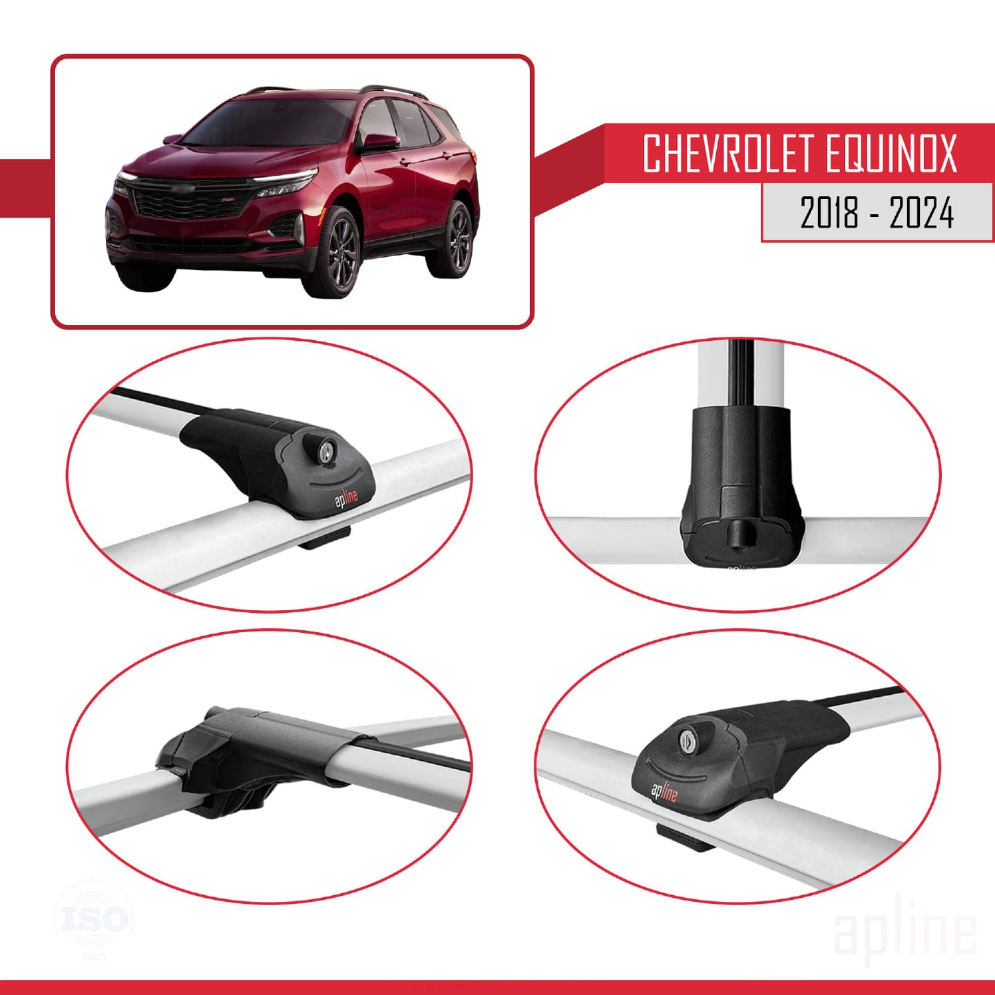 Kompatibel mit Chevrolet Equinox 2018-2024 ACE-1 Dachgepäckträger, Reling, Gepäckträger, graues Aluminium, 3 Stangen