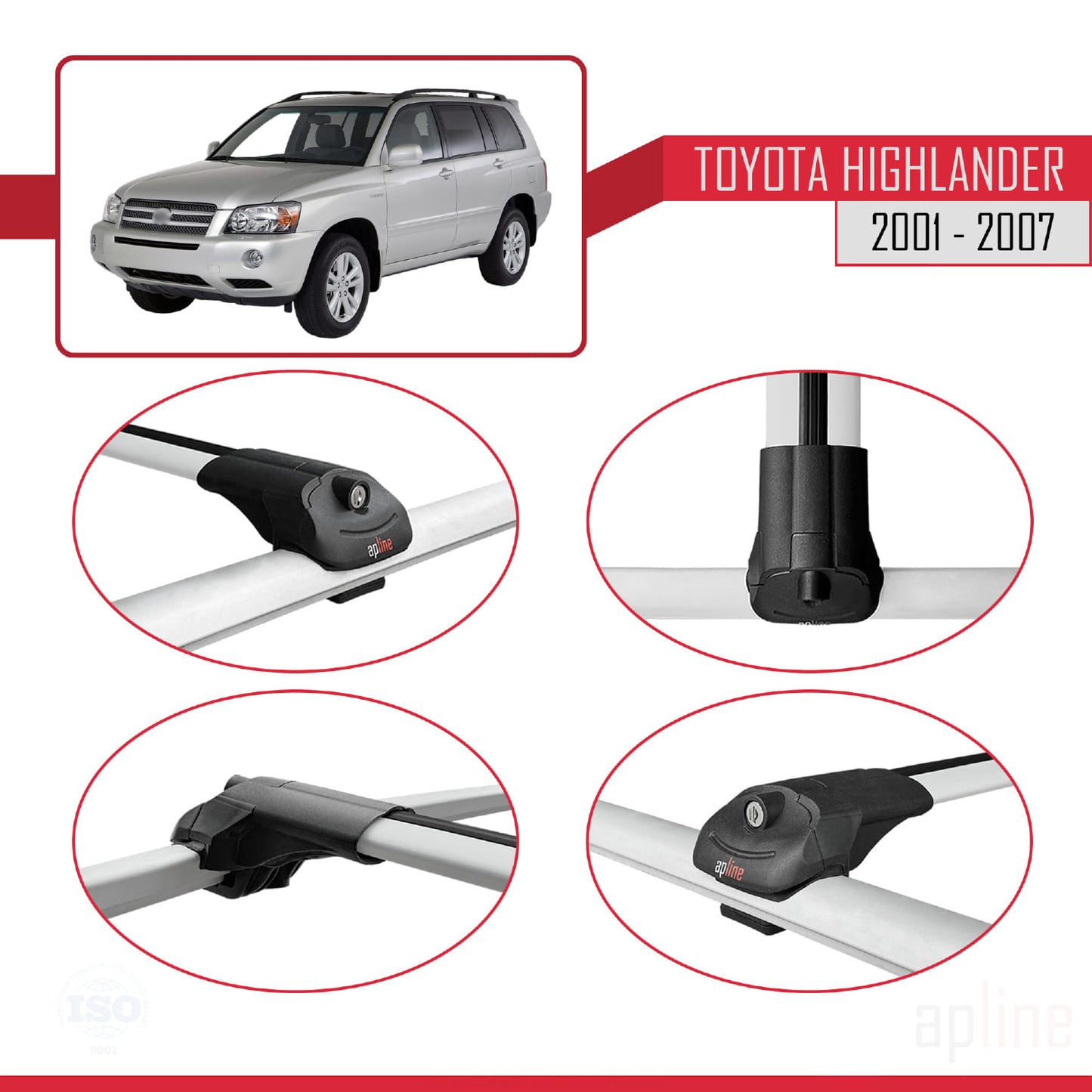 Compatible avec Toyota Highlander 2001-2007 ACE-1 Barres de Toit Railing Porte-Bagages de Voiture Gris Aluminium 3 Barres