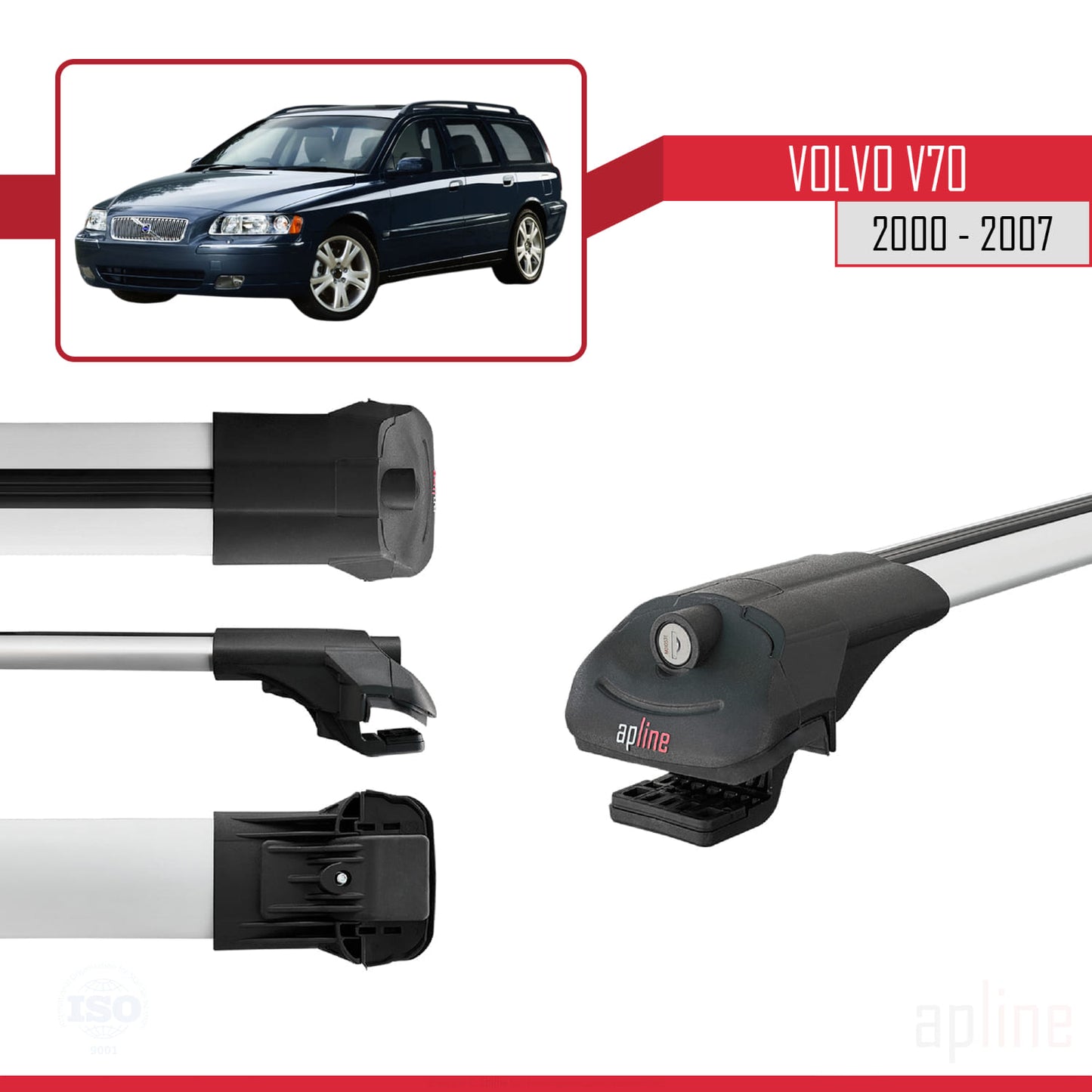Compatible avec Volvo V70 2000-2007 ACE-1 Barres de Toit Railing Porte-Bagages de Voiture Gris Aluminium 2 Barres