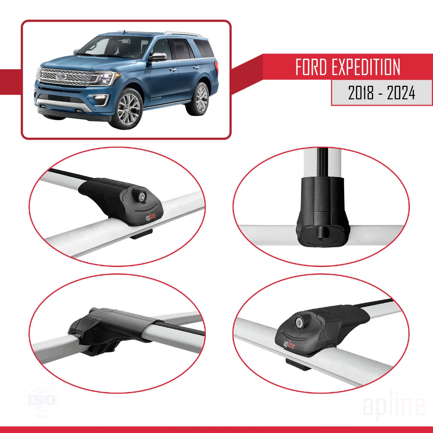 Kompatibel mit Ford Expedition 2018-2024 ACE-1 Dachgepäckträger, Reling, Gepäckträger, graues Aluminium, 3 Stangen