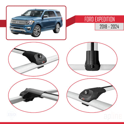 Kompatibel mit Ford Expedition 2018-2024 ACE-1 Dachgepäckträger, Reling, Gepäckträger, graues Aluminium, 2 Stangen