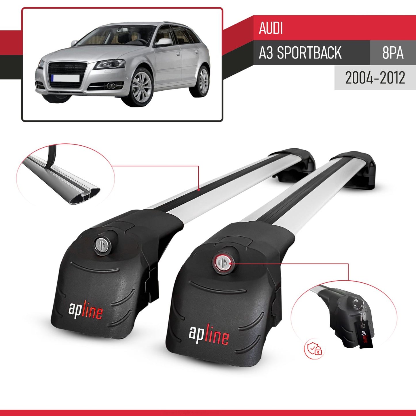 Kompatibel mit A3 (8PA) Sportback 2004-2012 ACE-2 Relingträger Dachträger Auto Gepäckträger Grau Aluminium 2 Stangen