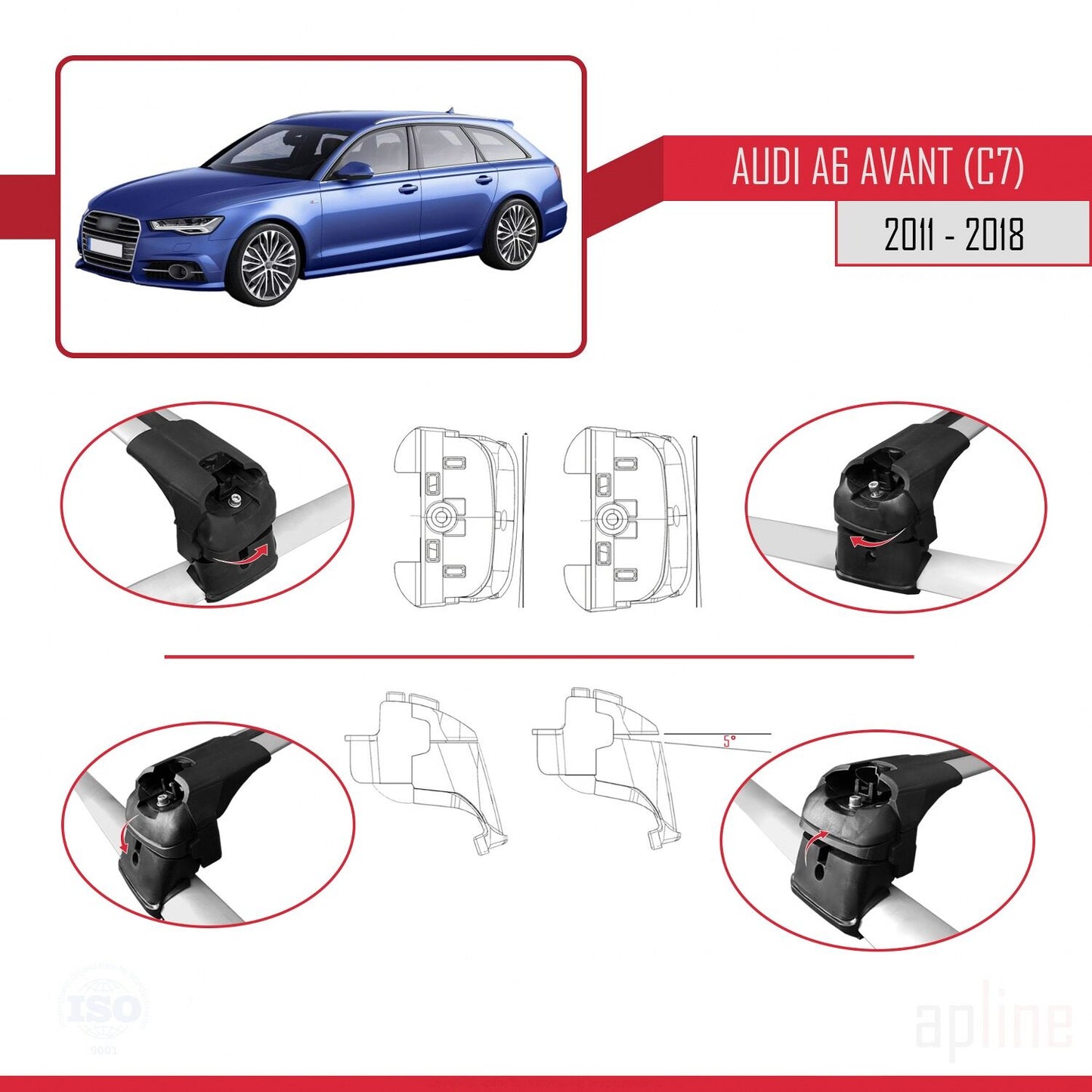 Kompatibel mit A6 (C7) Avant 2011-2018 ACE-2 Dachgepäckträger, graues Aluminium, 2 Stangen