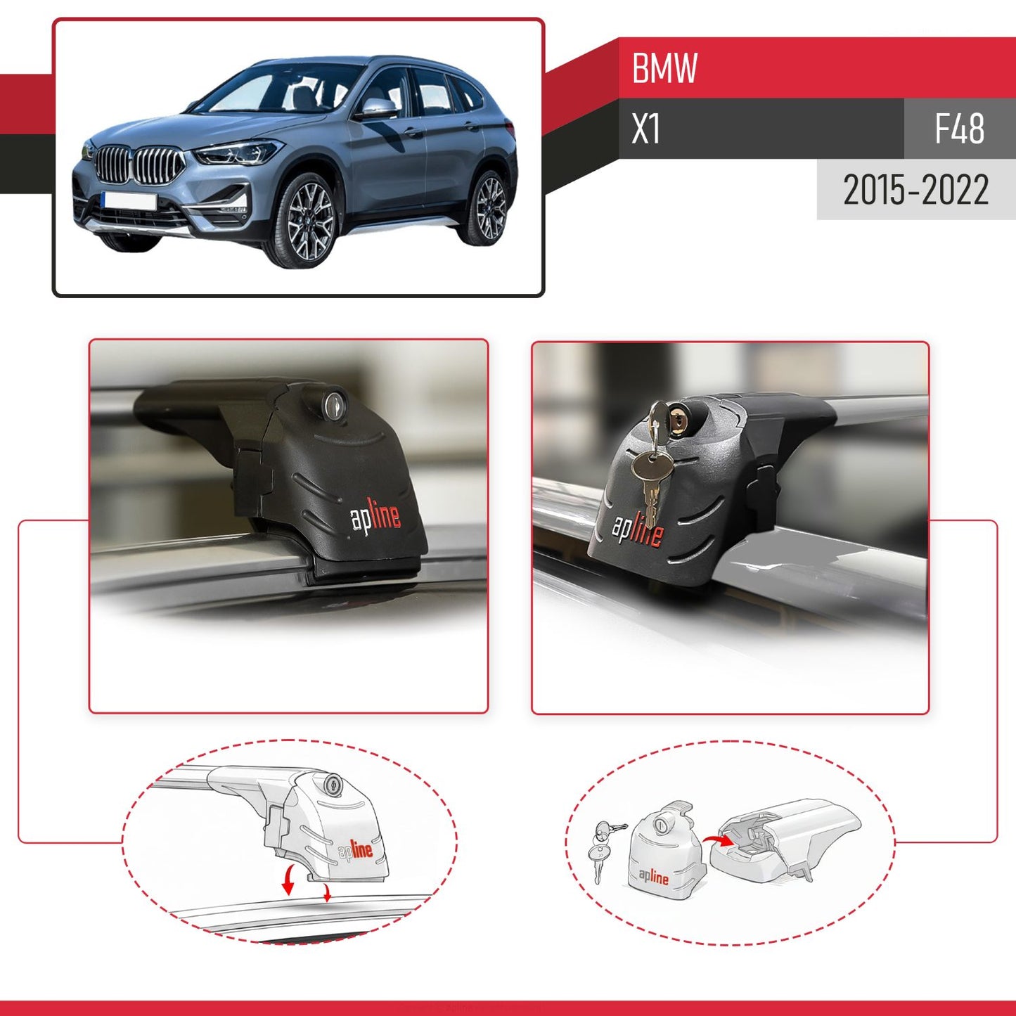 Kompatibel mit BMW X1 (F48) 2016-2022 ACE-2 Relingträger Dachträger Auto Gepäckträger Grau Aluminium 2 Stangen
