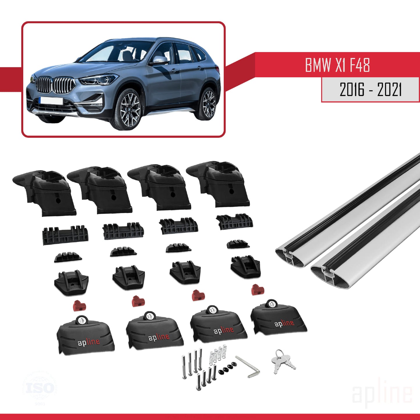 Kompatibel mit BMW X1 (F48) 2016-2022 ACE-2 Dachgepäckträger, Reling, Gepäckträger, graues Aluminium, 2 Stangen