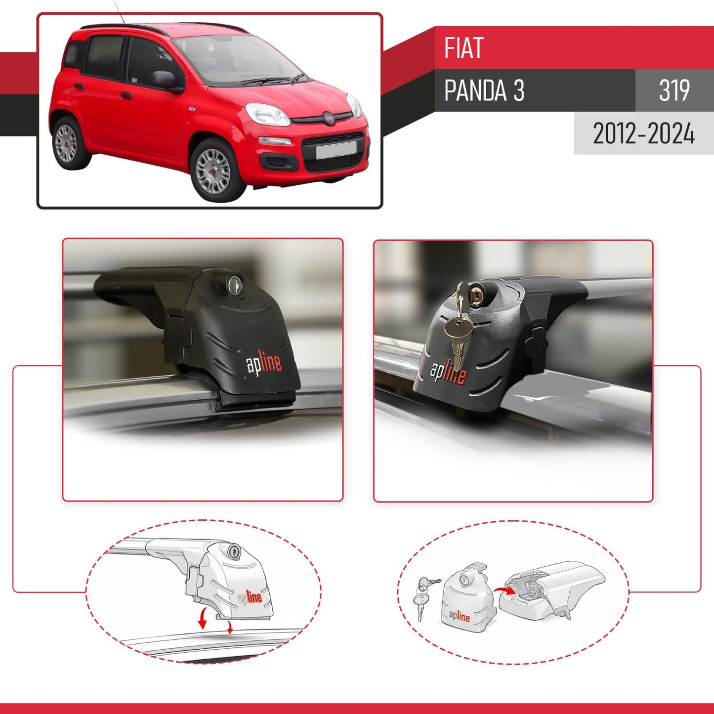 Compatible with Fiat Panda 3 (319) 2012-2024 ACE-2 Car Roof Rack Cross Bar Grey Aluminium 2 Bars