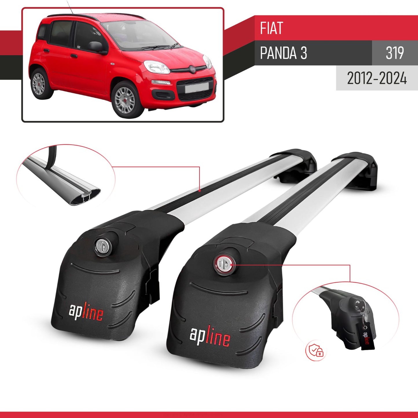 Compatible with Fiat Panda 3 (319) 2012-2024 ACE-2 Car Roof Rack Cross Bar Grey Aluminium 2 Bars