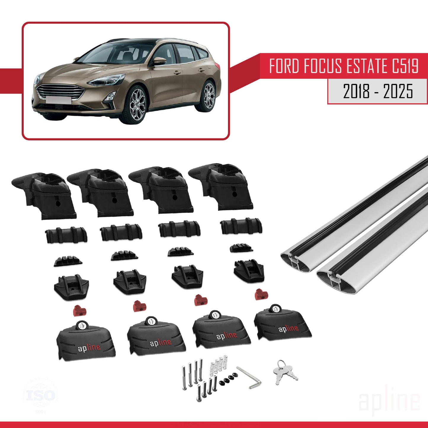 Kompatibel mit Ford Focus 4 (C519) Kombi 2019-2025 ACE-2 Dachgepäckträger, Reling, Gepäckträger, graues Aluminium, 2 Stangen