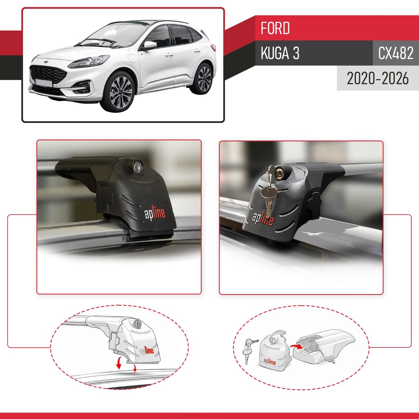 Kompatibel mit Ford Kuga 3 (CX482) 2020-2025 ACE-2 Relingträger Dachträger Auto Gepäckträger Grau Aluminium 2 Stangen