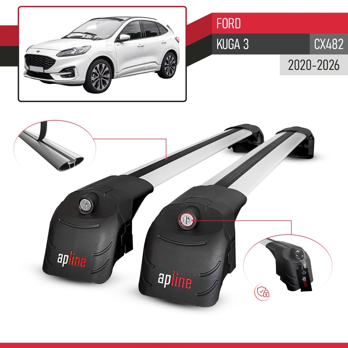 Kompatibel mit Ford Kuga 3 (CX482) 2020-2025 ACE-2 Relingträger Dachträger Auto Gepäckträger Grau Aluminium 2 Stangen