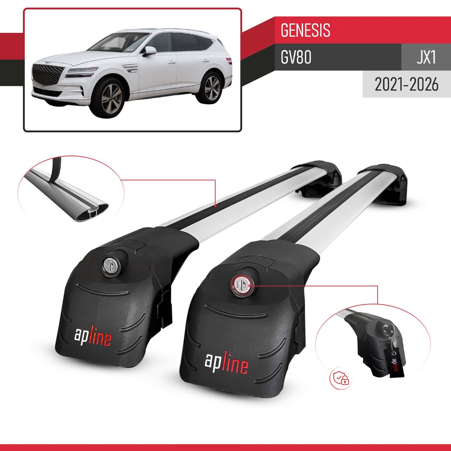 Kompatibel mit Genesis GV80 (JX1) 2021-2025 ACE-2 Relingträger Dachträger Auto Gepäckträger Grau Aluminium 2 Stangen