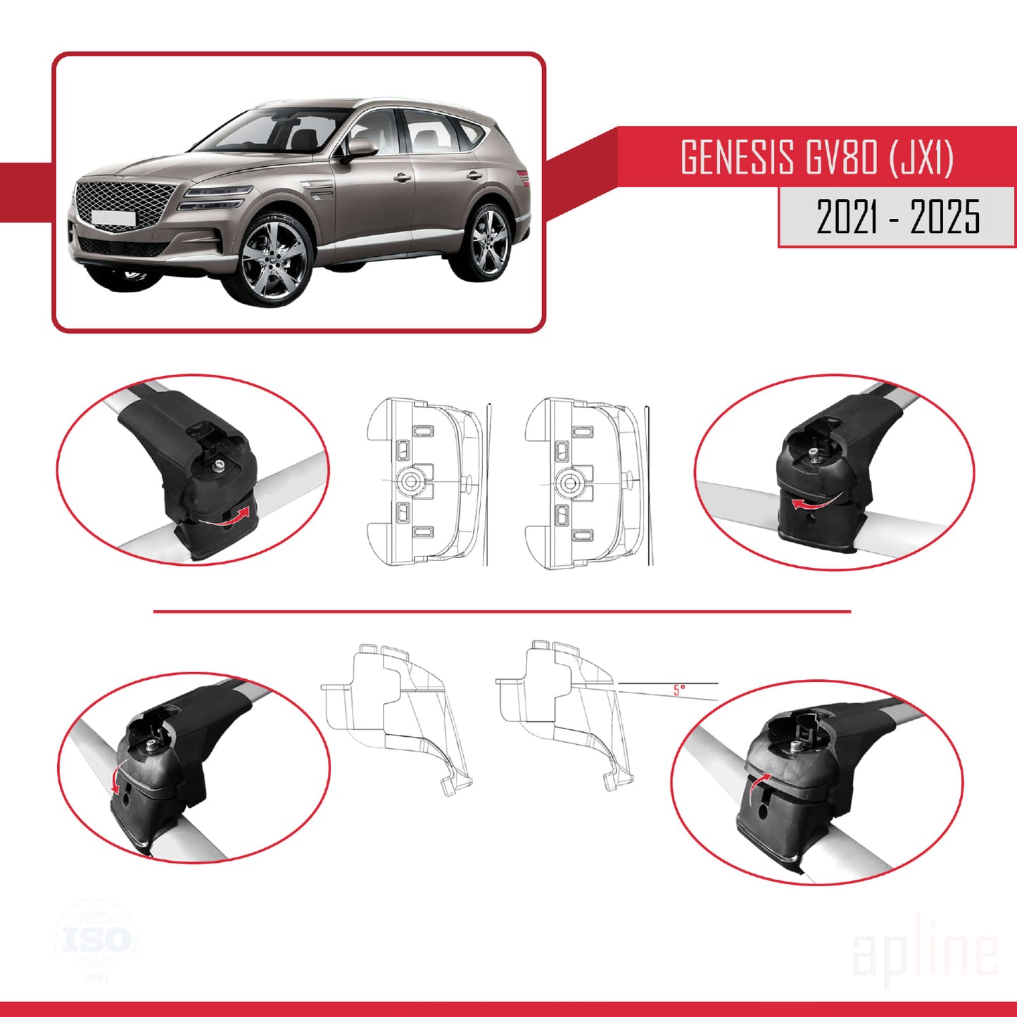 Kompatibel mit Genesis GV80 (JX1) 2021-2025 ACE-2 Dachgepäckträger, Reling, Gepäckträger, graues Aluminium, 2 Stangen