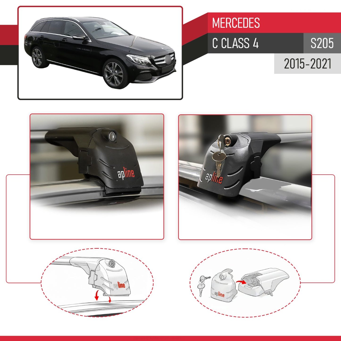 Compatible with Mercedes C Class 4 (S205) 2015-2021 ACE-2 Car Roof Rack Cross Bar Grey Aluminium 2 Bars