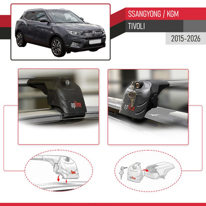 Compatible with Ssangyong Tivoli 2015-2025 ACE-2 Car Roof Rack Cross Bar Grey Aluminium 2 Bars