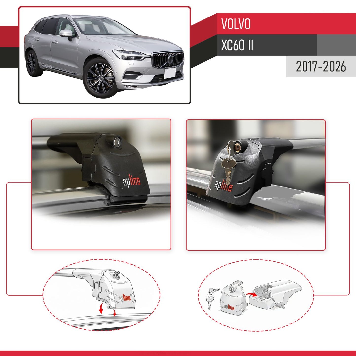 Kompatibel mit Volvo XC60 II 2017-2025 ACE-2 Relingträger Dachträger Auto Gepäckträger Grau Aluminium 2 Stangen