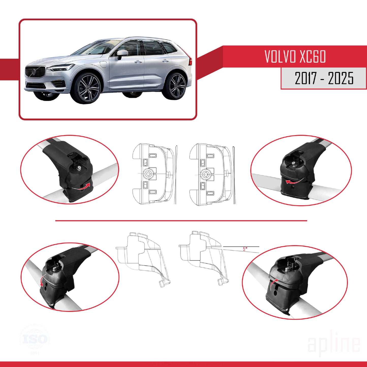 Compatible avec Volvo XC60 II 2017-2025 ACE-2 Barres de Toit Railing Porte-Bagages de Voiture Gris Aluminium 2 Barres