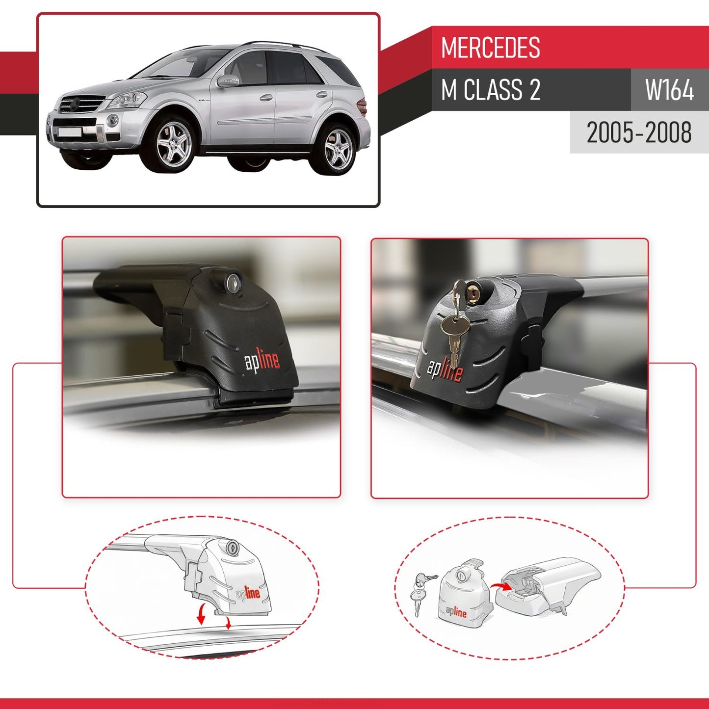 Compatible with Mercedes M Class 2 (W164) Pre-Facelift 2005-2008 ACE-2 Car Roof Rack Cross Bar Grey Aluminium 2 Bars