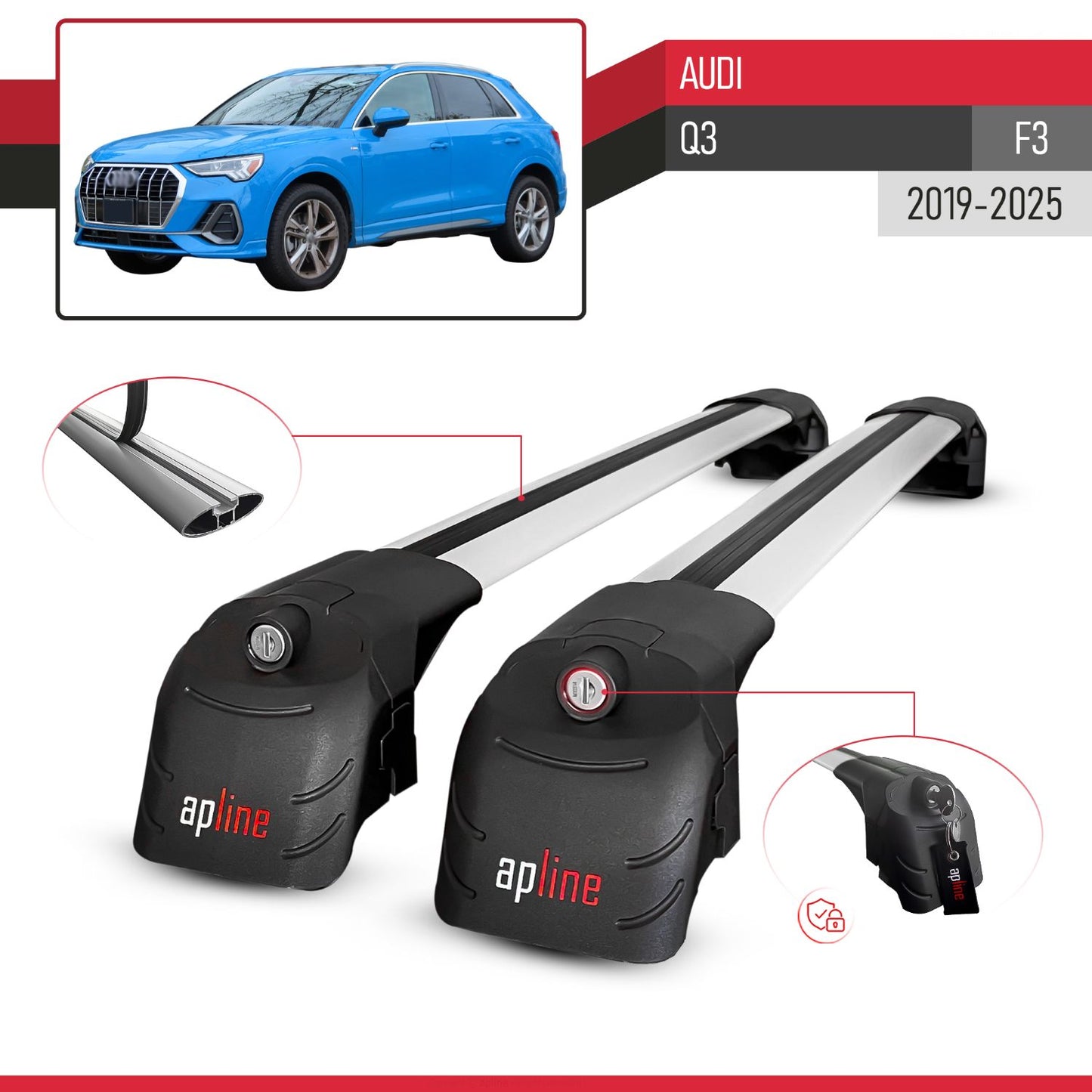 Kompatibel mit Q3 (F3) 2019-2025 ACE-2 Relingträger Dachträger Auto Gepäckträger Grau Aluminium 2 Stangen