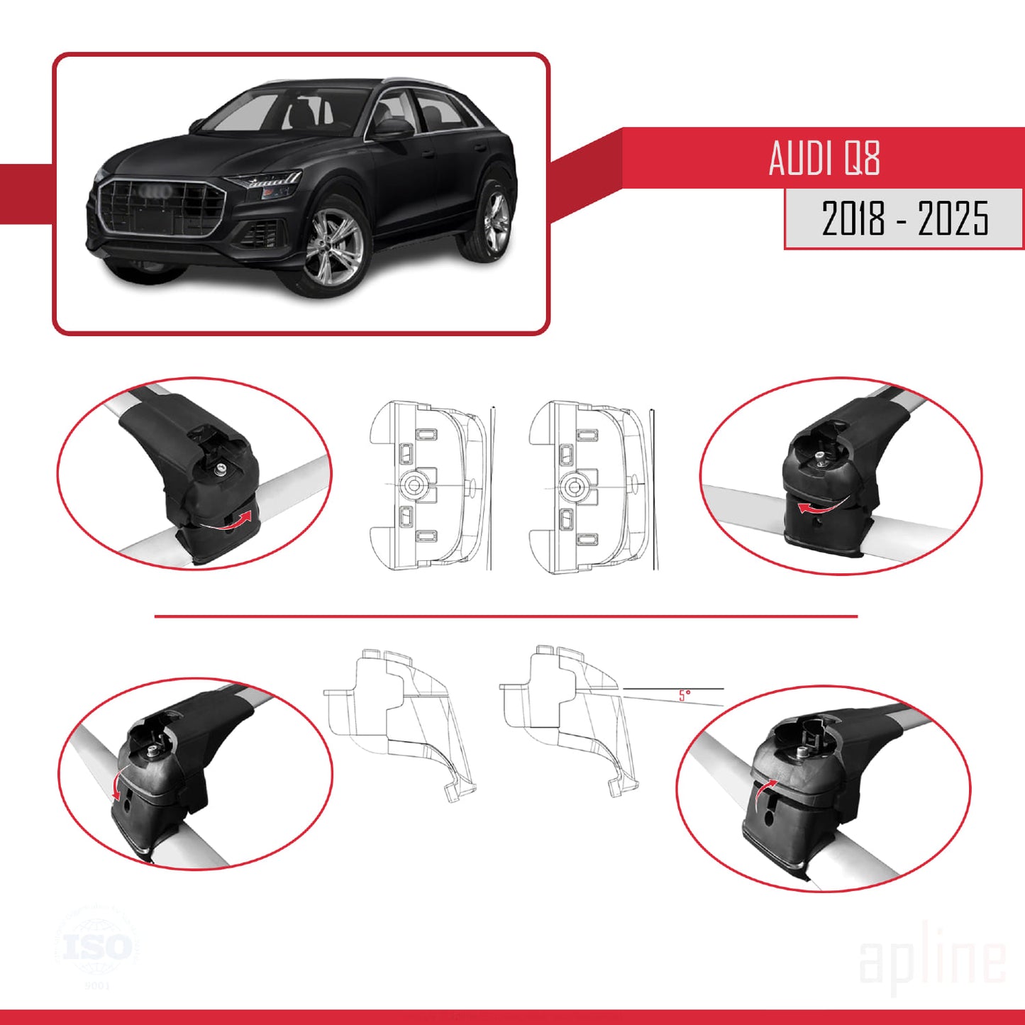 Compatible avec Q8 (F1) 2018-2025 ACE-2 Barres de Toit Railing Porte-Bagages de Voiture Gris Aluminium 2 Barres