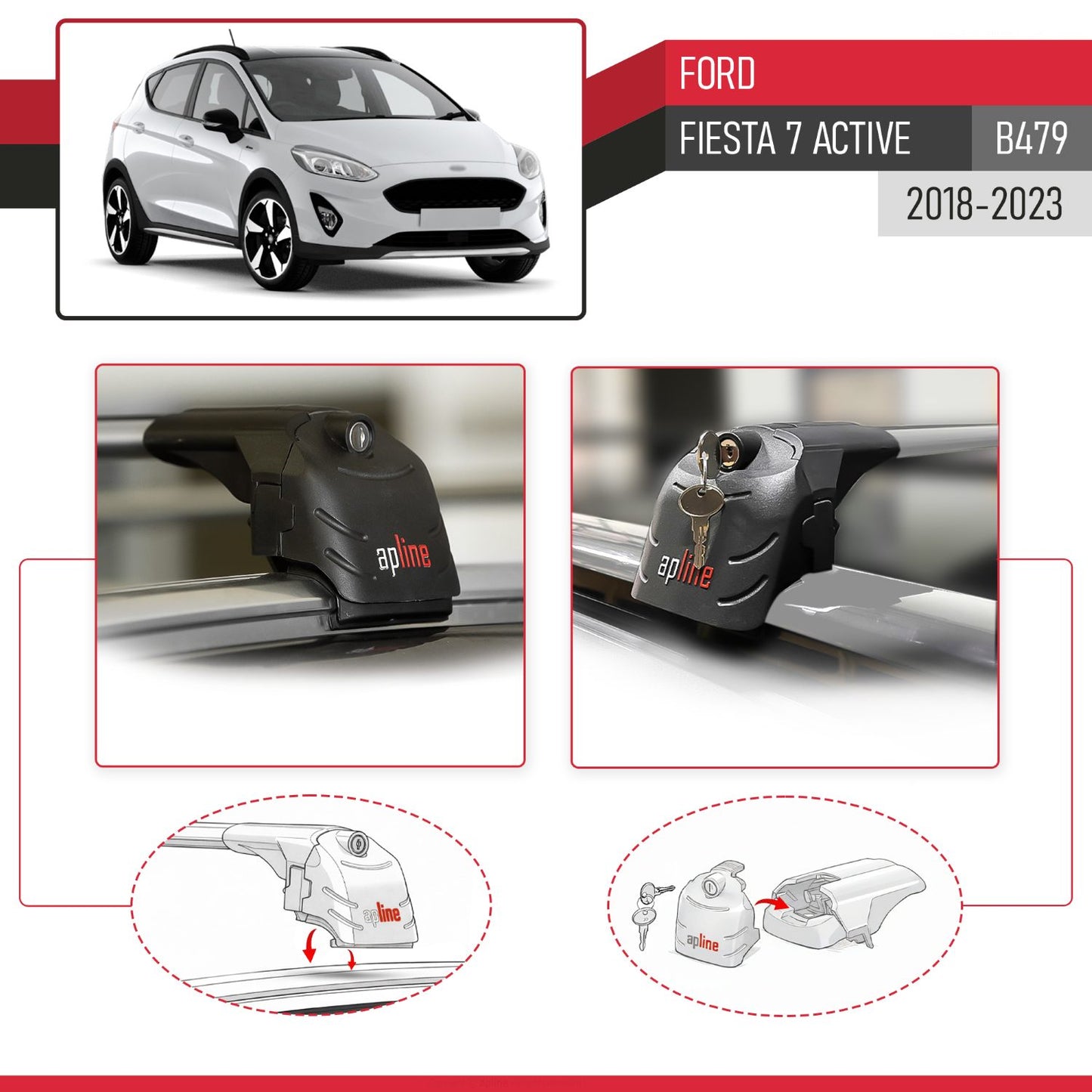Compatible with Ford Fiesta 7 Active 2018-2023 ACE-2 Car Roof Rack Cross Bar Grey Aluminium 2 Bars