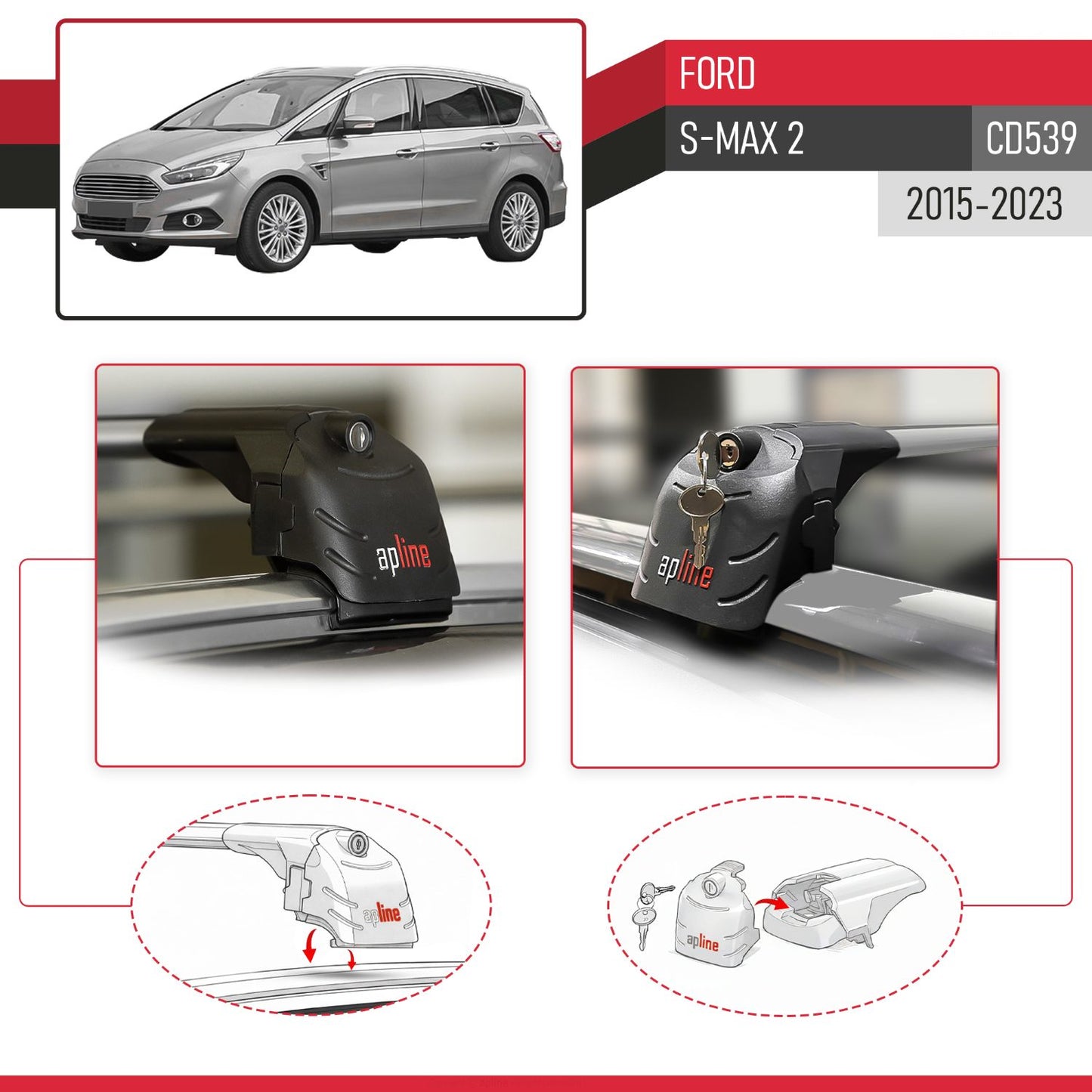 Kompatibel mit Ford S-Max 2 (CD539) 2015-2023 ACE-2 Relingträger Dachträger Auto Gepäckträger Grau Aluminium 2 Stangen