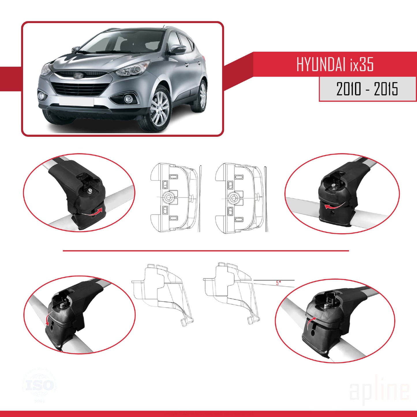 Compatible with Hyundai ix35 2 (LM) 2010-2015 ACE-2 Car Roof Rack Cross Bar Grey Aluminium 2 Bars
