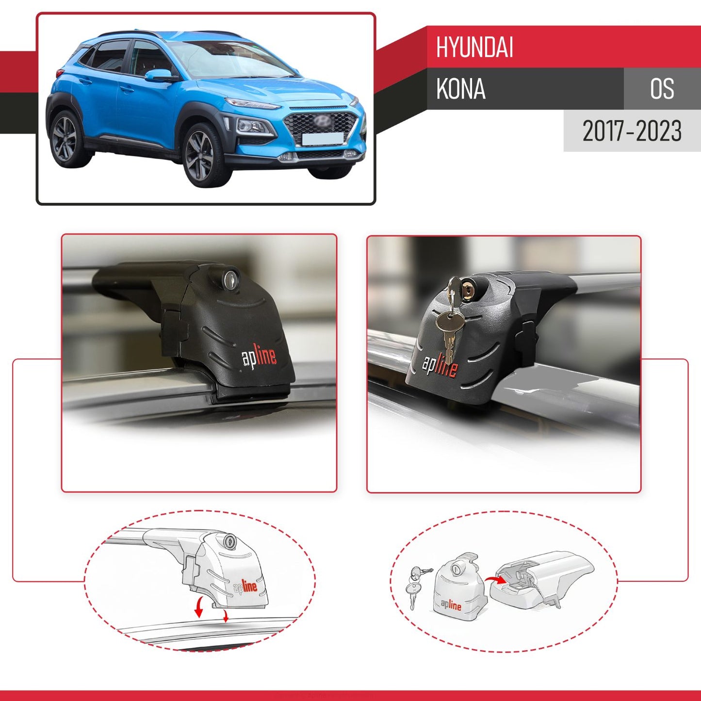Kompatibel mit Hyundai Kona (OS) 2017-2022 ACE-2 Relingträger Dachträger Auto Gepäckträger Grau Aluminium 2 Stangen