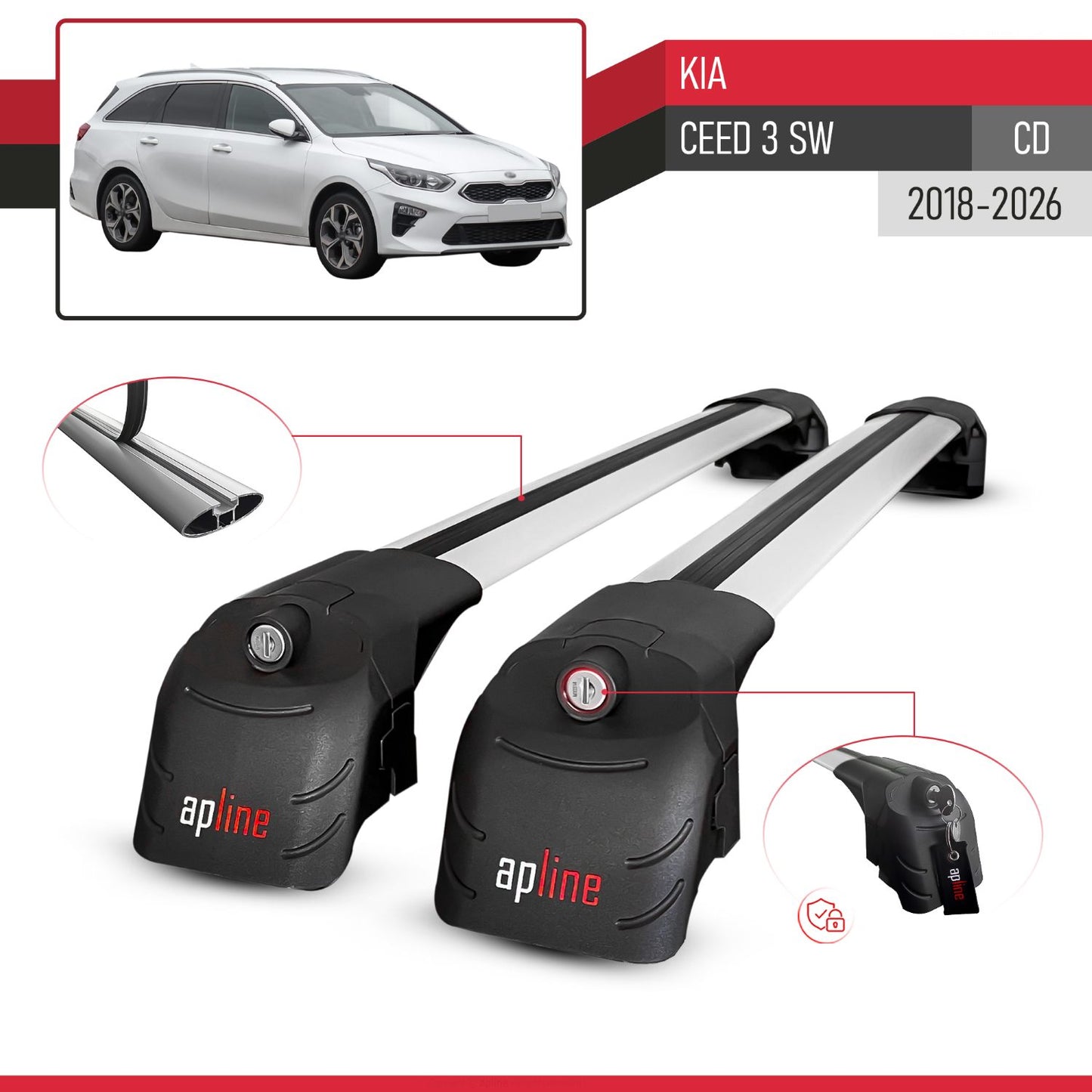 Compatible with Kia Ceed 3 (CD) SW 2019-2025 ACE-2 Car Roof Rack Cross Bar Grey Aluminium 2 Bars