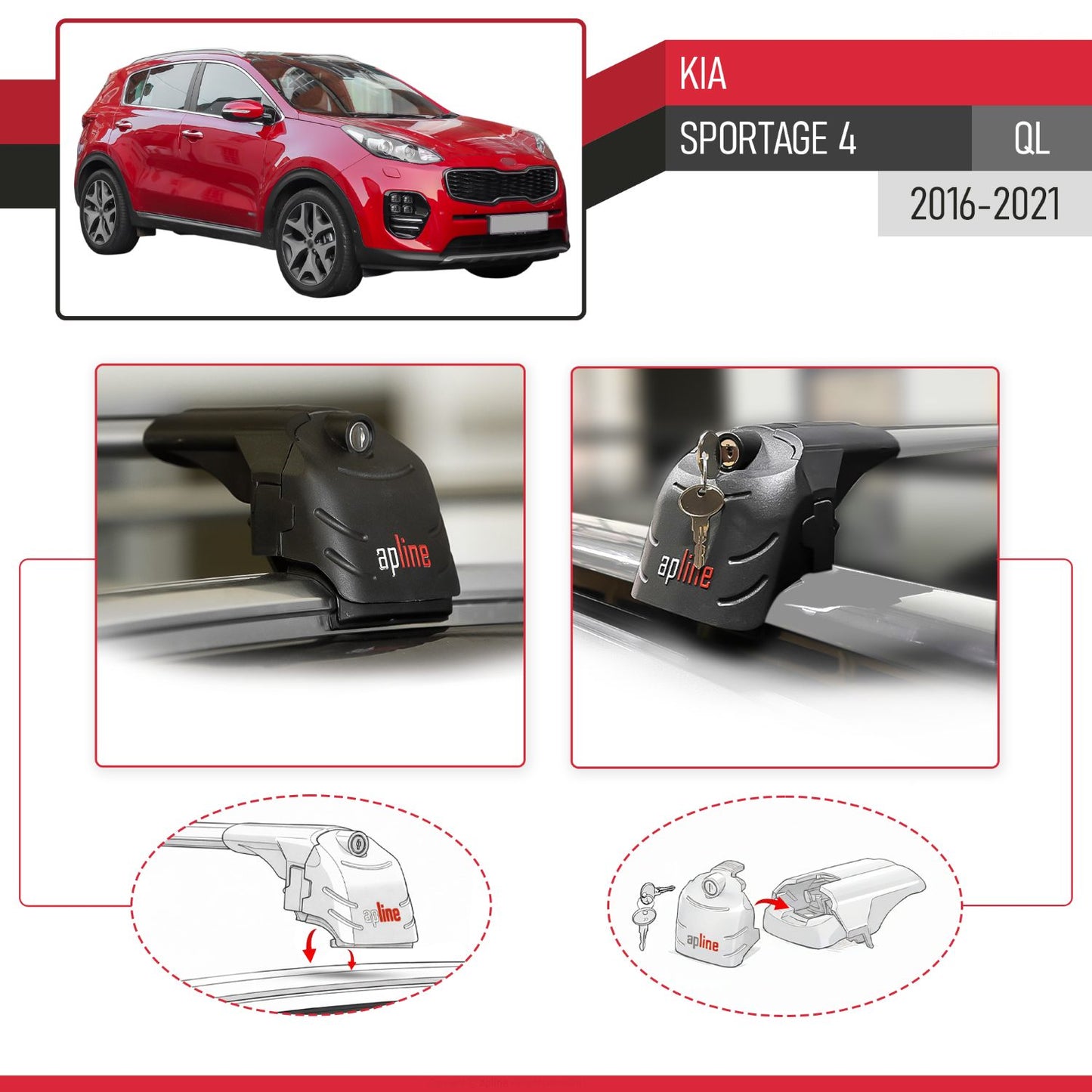 Kompatibel mit Kia Sportage 4 (QL) 2016-2021 ACE-2 Relingträger Dachträger Auto Gepäckträger Grau Aluminium 2 Stangen