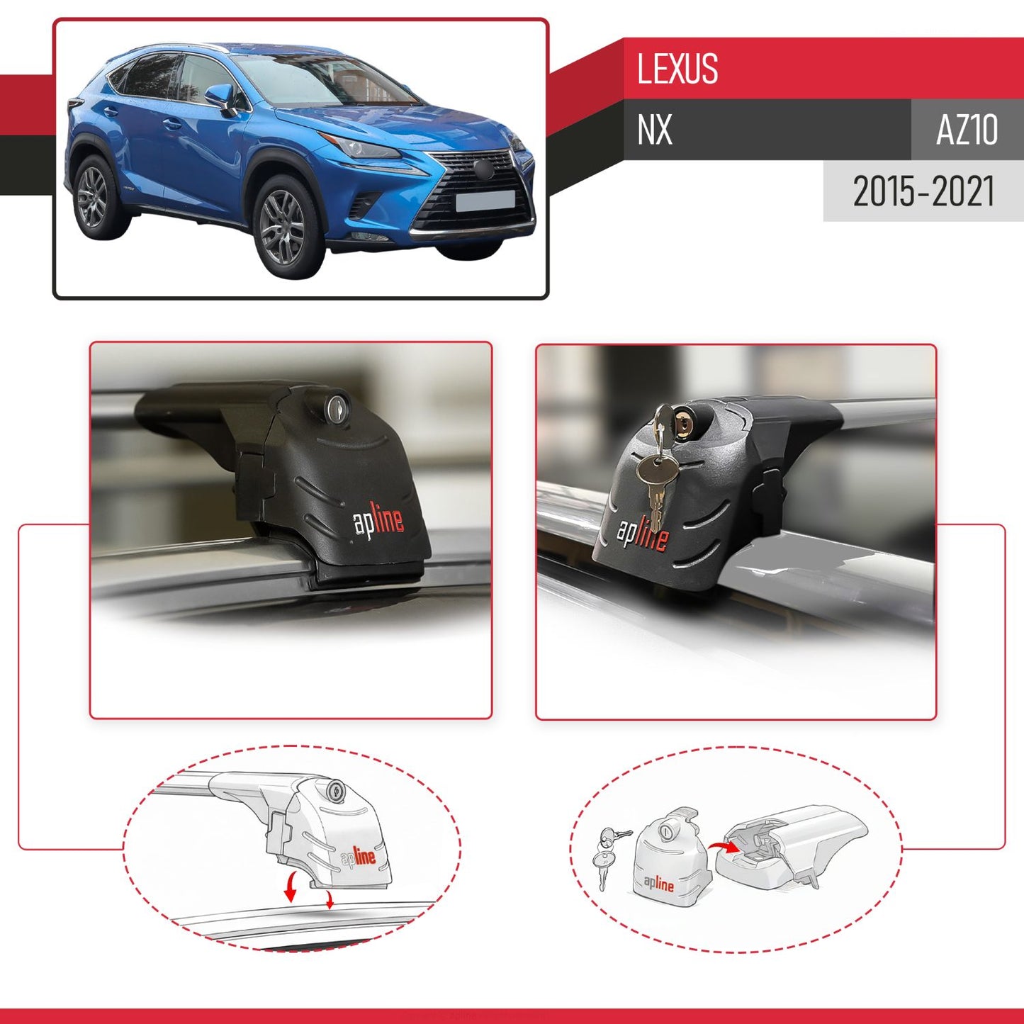 Compatible with Lexus NX (AZ10) 2015-2021 ACE-2 Car Roof Rack Cross Bar Grey Aluminium 2 Bars