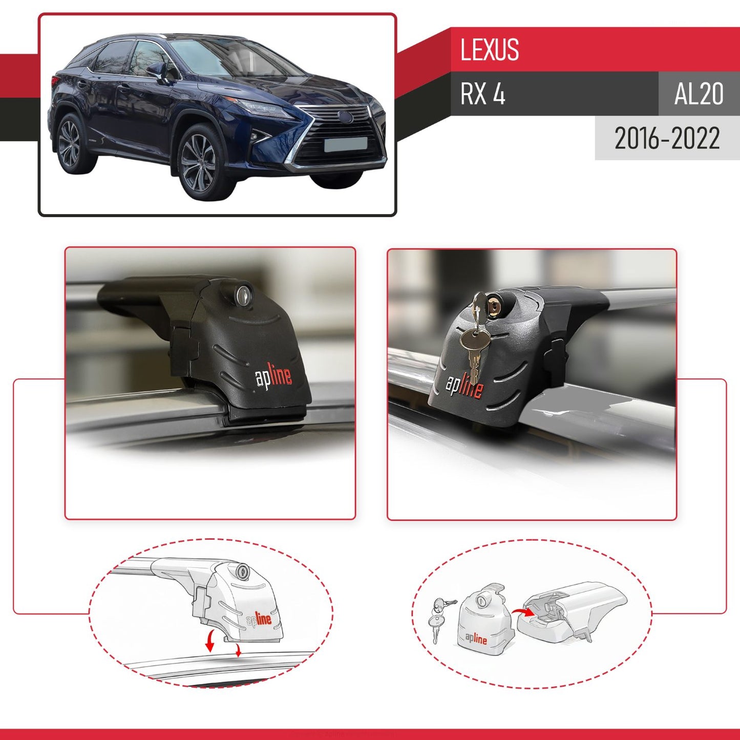 Kompatibel mit Lexus RX 4 (AL20) 2016-2022 ACE-2 Relingträger Dachträger Auto Gepäckträger Grau Aluminium 2 Stangen