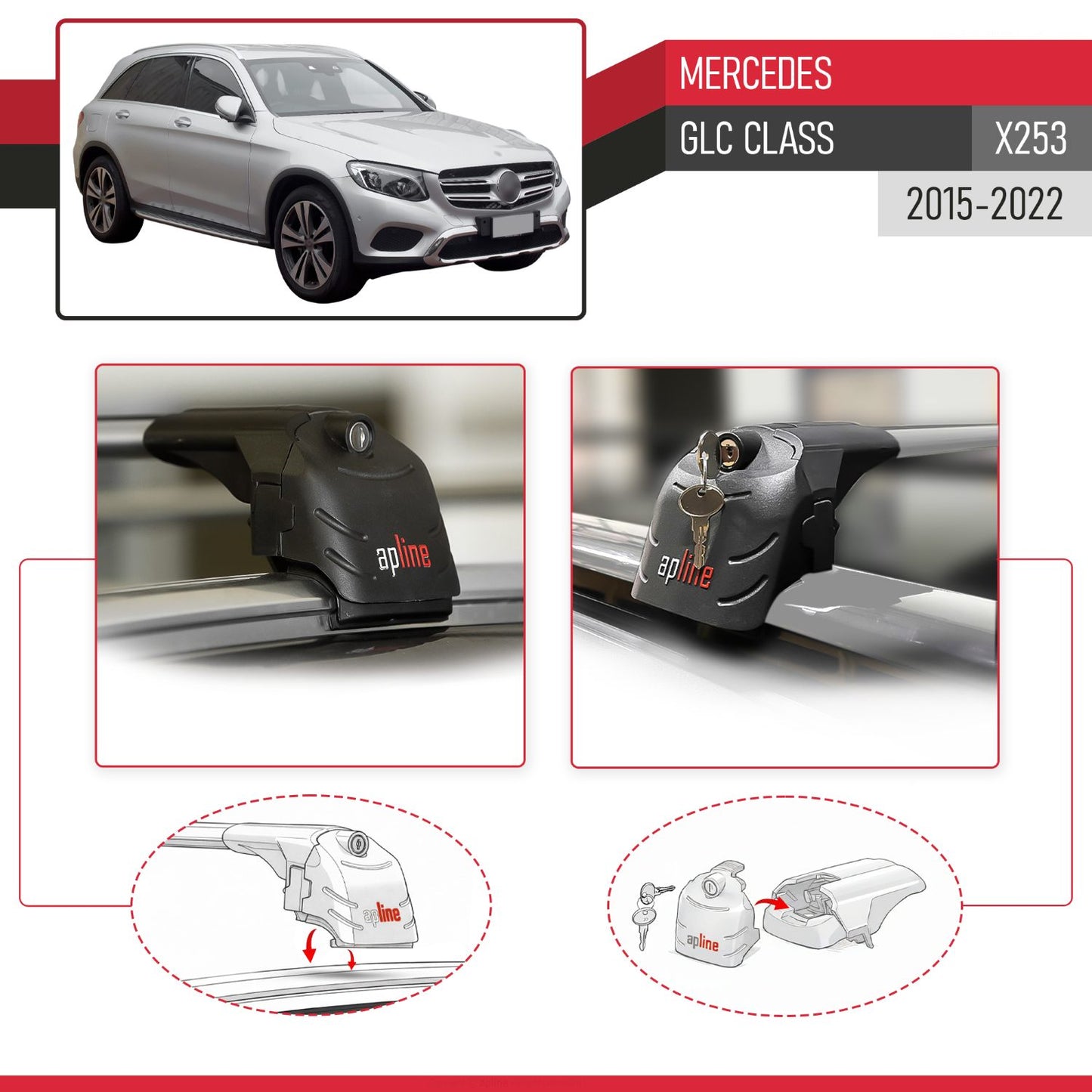 Compatible with Mercedes GLC Class (X253) 2016-2022 ACE-2 Car Roof Rack Cross Bar Grey Aluminium 2 Bars