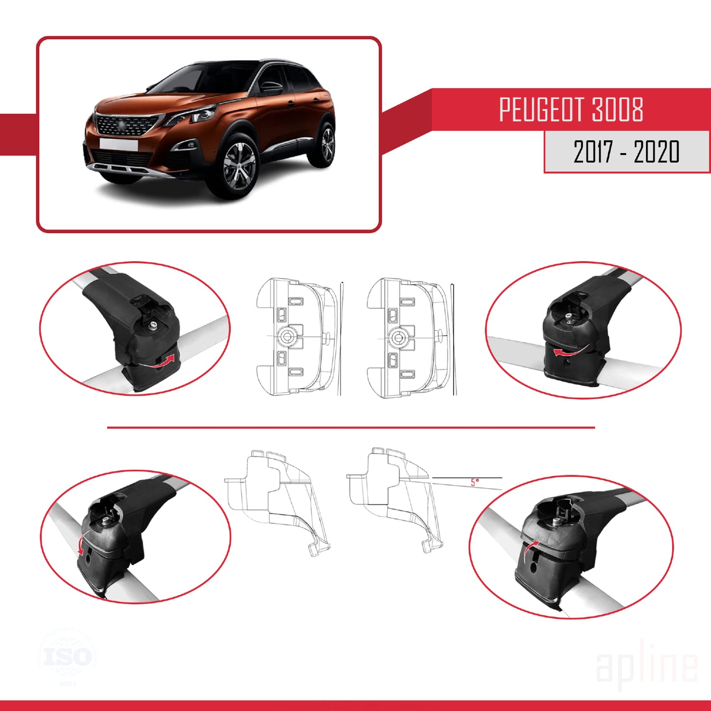 Compatible with Peugeot 3008 II (P84) Pre-Facelift 2017-2020 ACE-2 Car Roof Rack Cross Bar Grey Aluminium 2 Bars