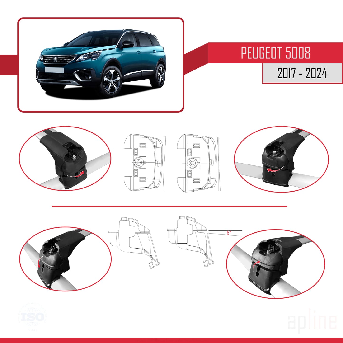 Compatible avec Peugeot 5008 II (P87) 2017-2024 ACE-2 Barres de Toit Railing Porte-Bagages de Voiture Gris Aluminium 2 Barres