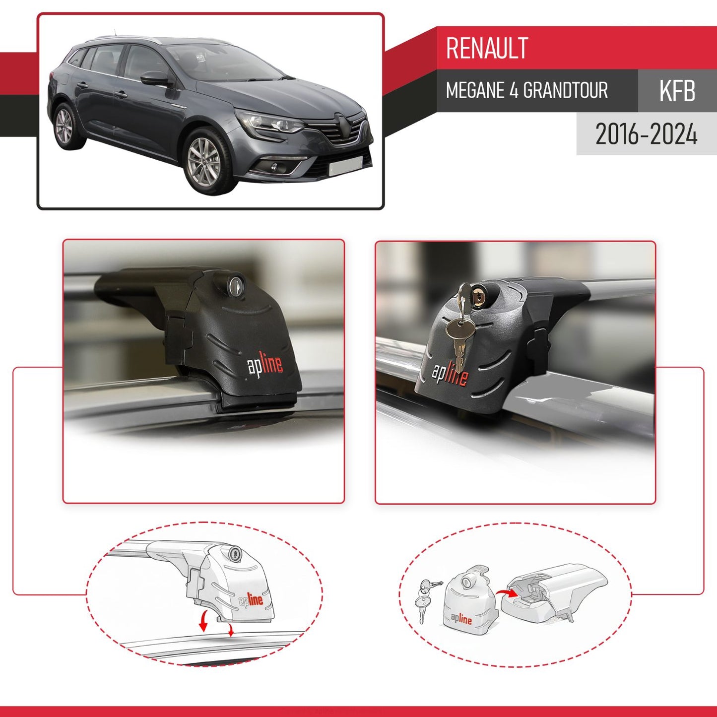 Kompatibel mit Renault Megane 4 (KFB) Grandtour 2016-2023 ACE-2 Relingträger Dachträger Auto Gepäckträger Grau Aluminium 2 Stangen