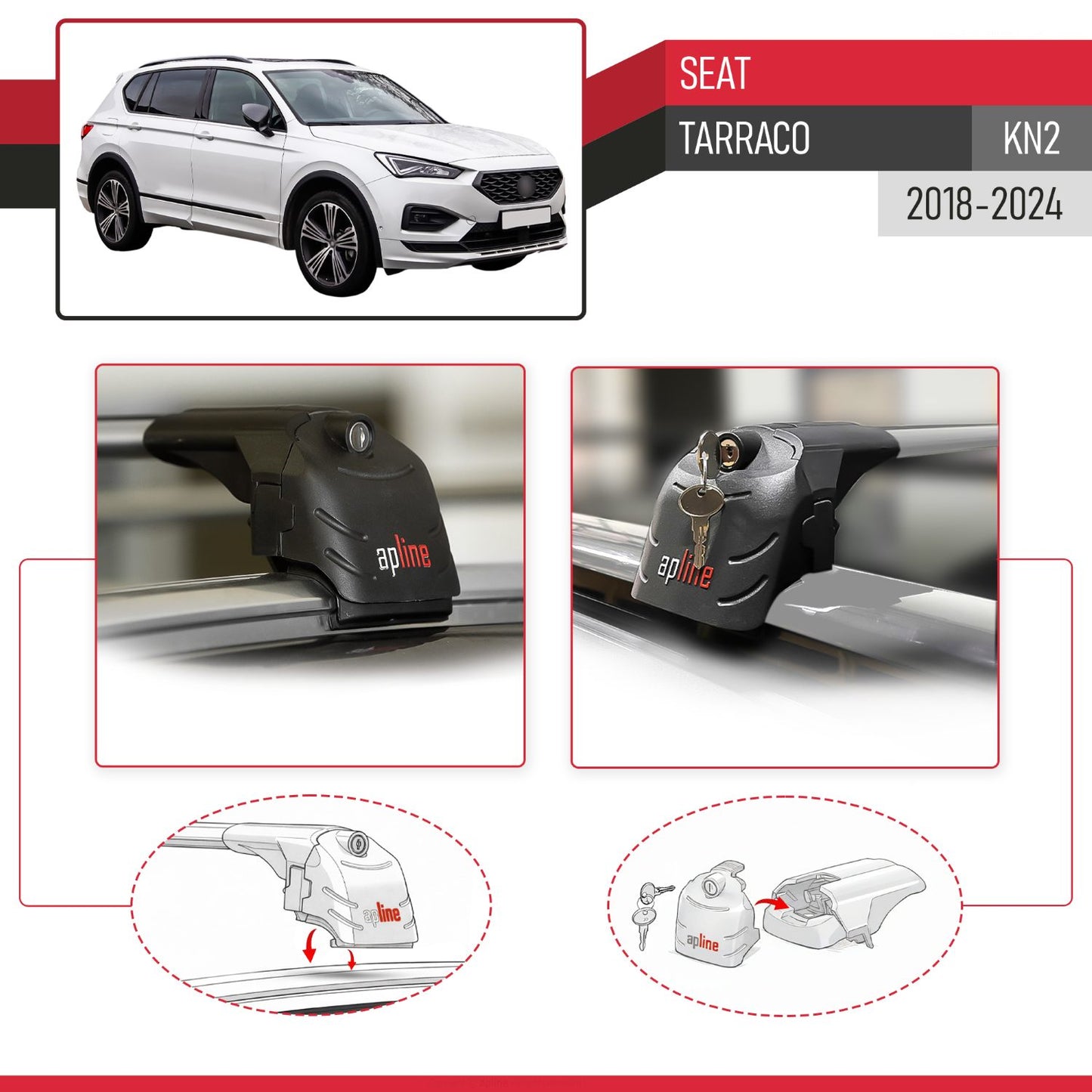 Kompatibel mit Seat Tarraco (KN2) 2018-2024 ACE-2 Relingträger Dachträger Auto Gepäckträger Grau Aluminium 2 Stangen