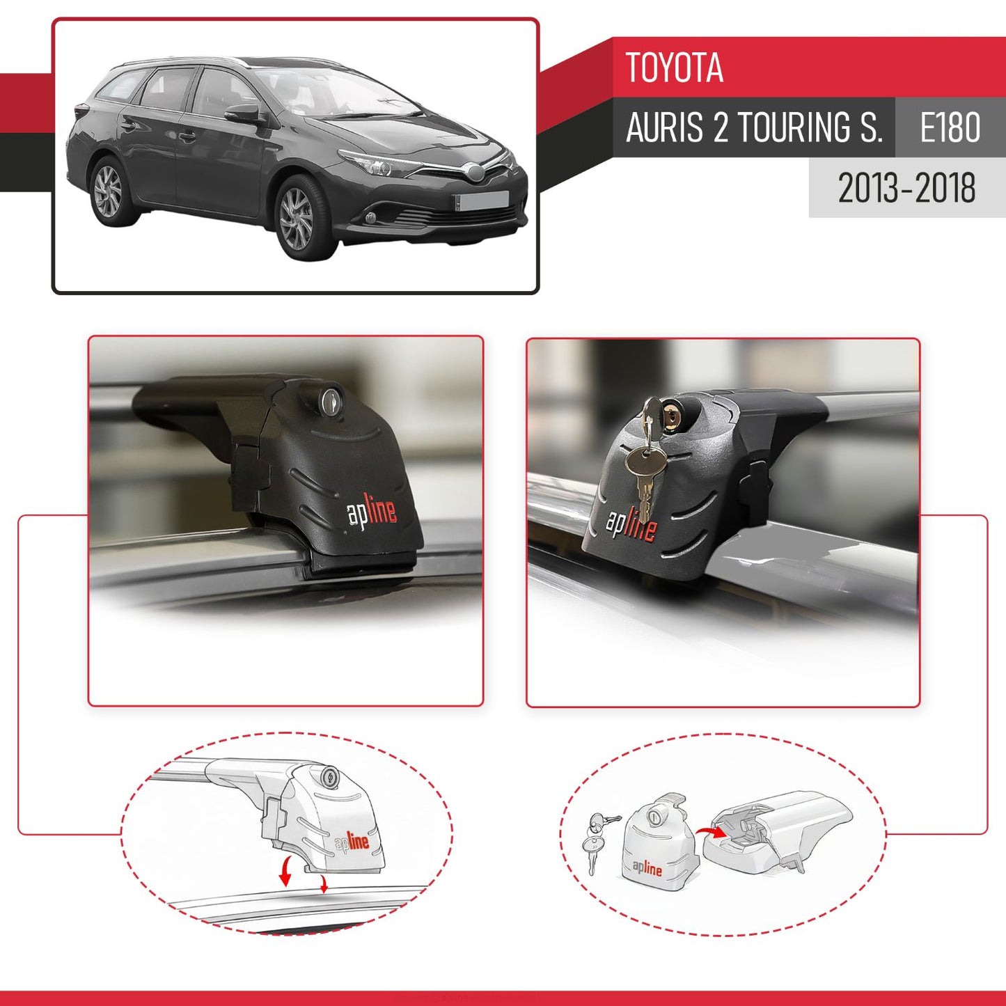 Compatible with Toyota Auris 2 (E180) Touring Sports 2013-2018 ACE-2 Car Roof Rack Cross Bar Grey Aluminium 2 Bars