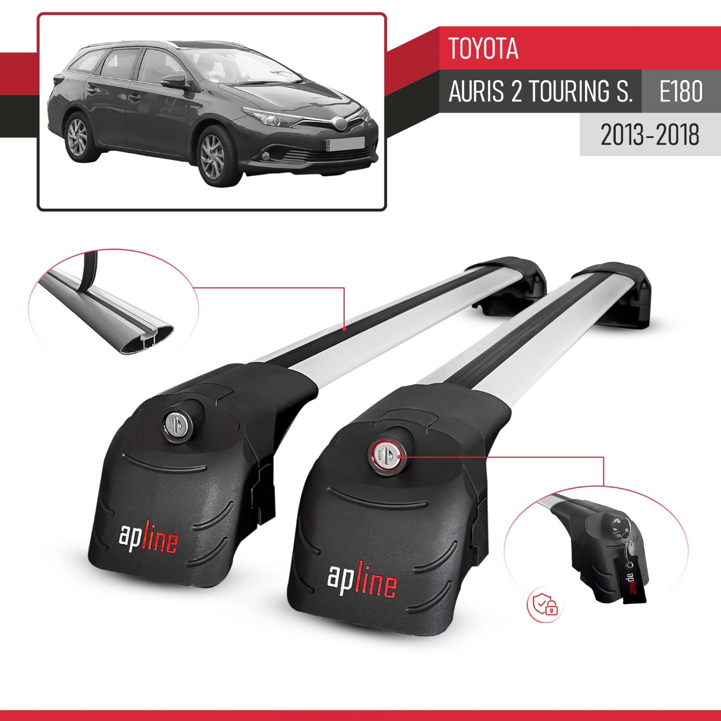 Compatible with Toyota Auris 2 (E180) Touring Sports 2013-2018 ACE-2 Car Roof Rack Cross Bar Grey Aluminium 2 Bars